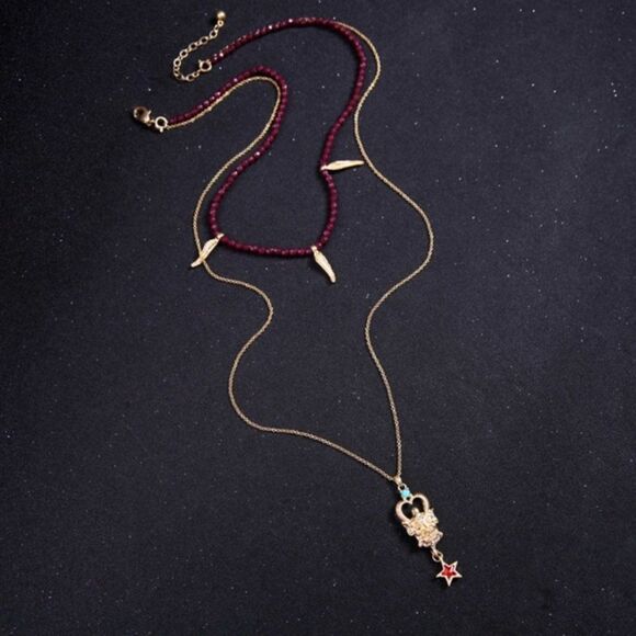 Red Beaded Abstract Rhinestone Vintage Gold Layered Pendant Necklace - Picture 7 of 8